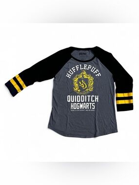Harry Potter woman’s Hufflepuff Quidditch grey/black raglan cotton T-shirt Sz L